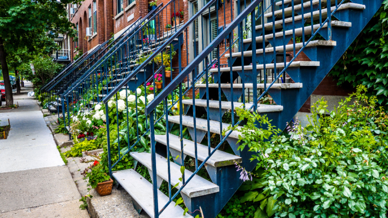 Une rangée d'immeubles en briques avec des escaliers en métal et des plantes luxuriantes le long du trottoir