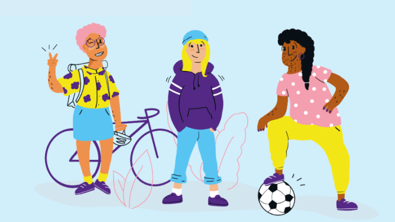 Trois jeunes d'origines et d'identité de genre diverses autour d'un balon.