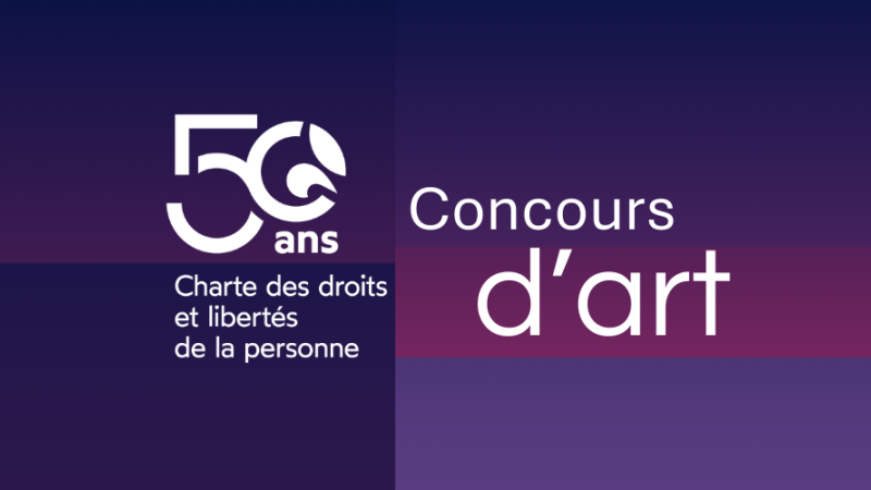 Les mots Concours d'art avec le logo des 50 ans de la Charte des droits et libertés de la personne sur un fond de blocs colorés.