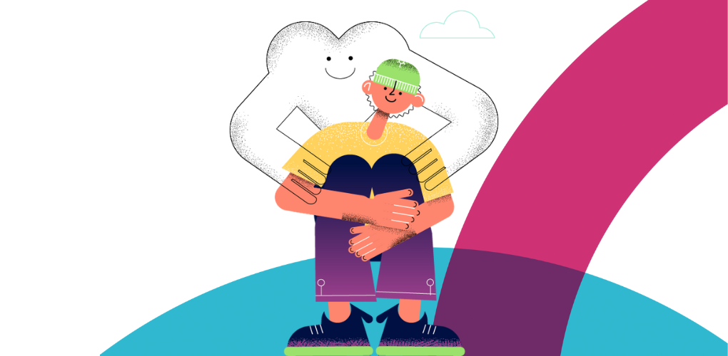 Illustration ludique d'un jeune enlacé par un personnage fantomatique et bienveillant en forme de coeur.
